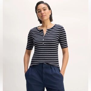 Everlane Short Sleeve Striped Ribbed Henley Style Top Size S